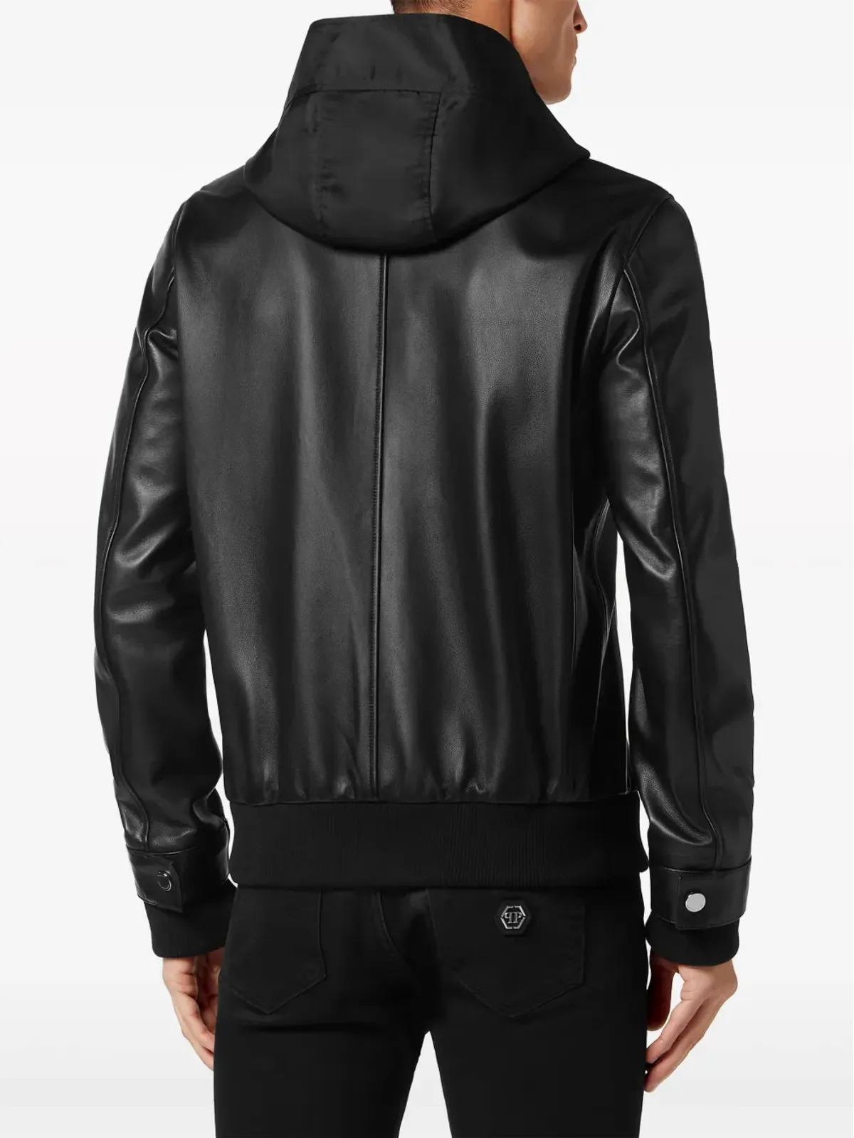 Philipp Plein レザーとサテンのフード付きボンバー ジャケット ブラック - 画像3