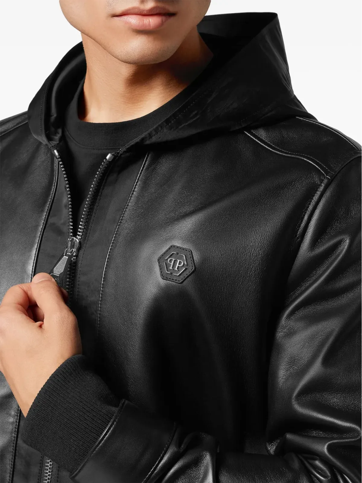 Philipp Plein レザーとサテンのフード付きボンバー ジャケット ブラック - 画像4