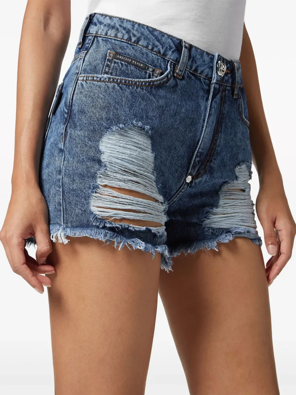 Philipp Plein ミッドライズ リップド デニムショーツ - 画像4