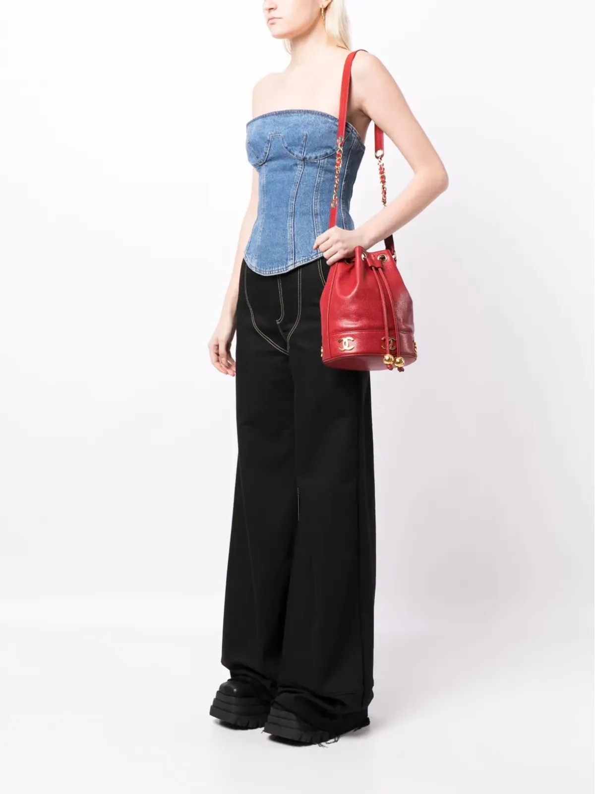 CHANEL ビンテージ トリプルCC レザー バケットバッグ - レッド - 画像2