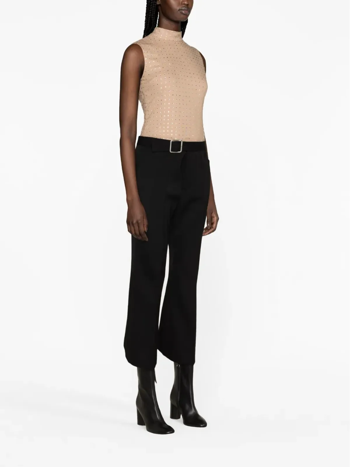 Jil Sander バックル付きプリーツフレア ウールパンツ ブラック - 画像3
