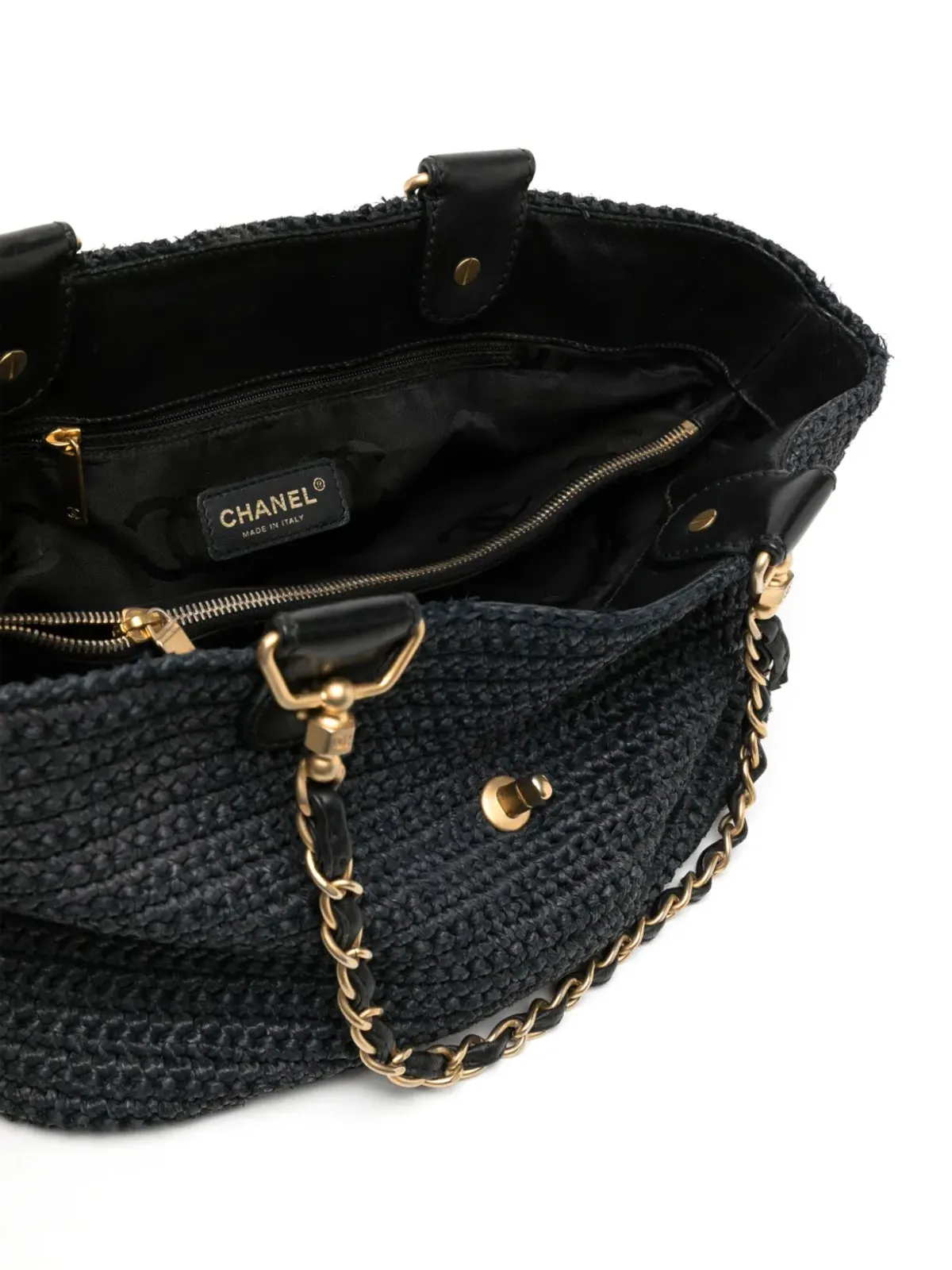 CHANEL ビンテージ チェーンストラップ ラフィア ハンドバッグ ブラック - 画像5