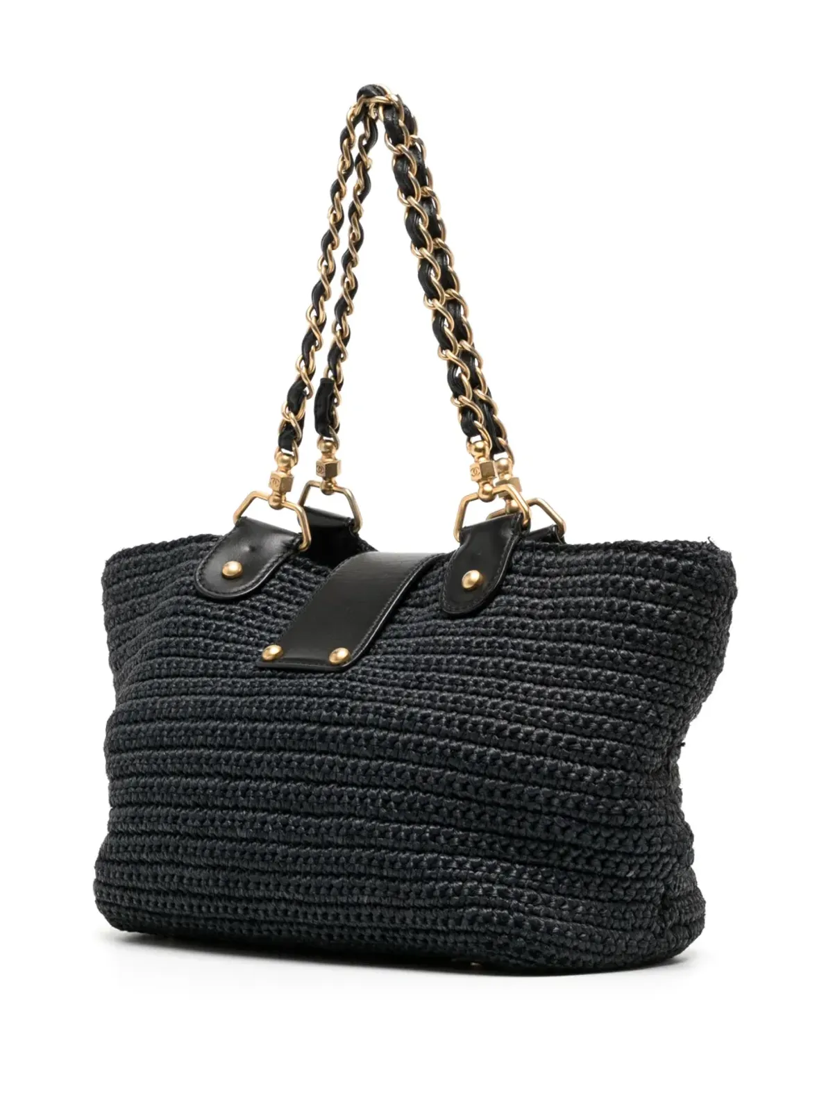 CHANEL ビンテージ チェーンストラップ ラフィア ハンドバッグ ブラック - 画像3