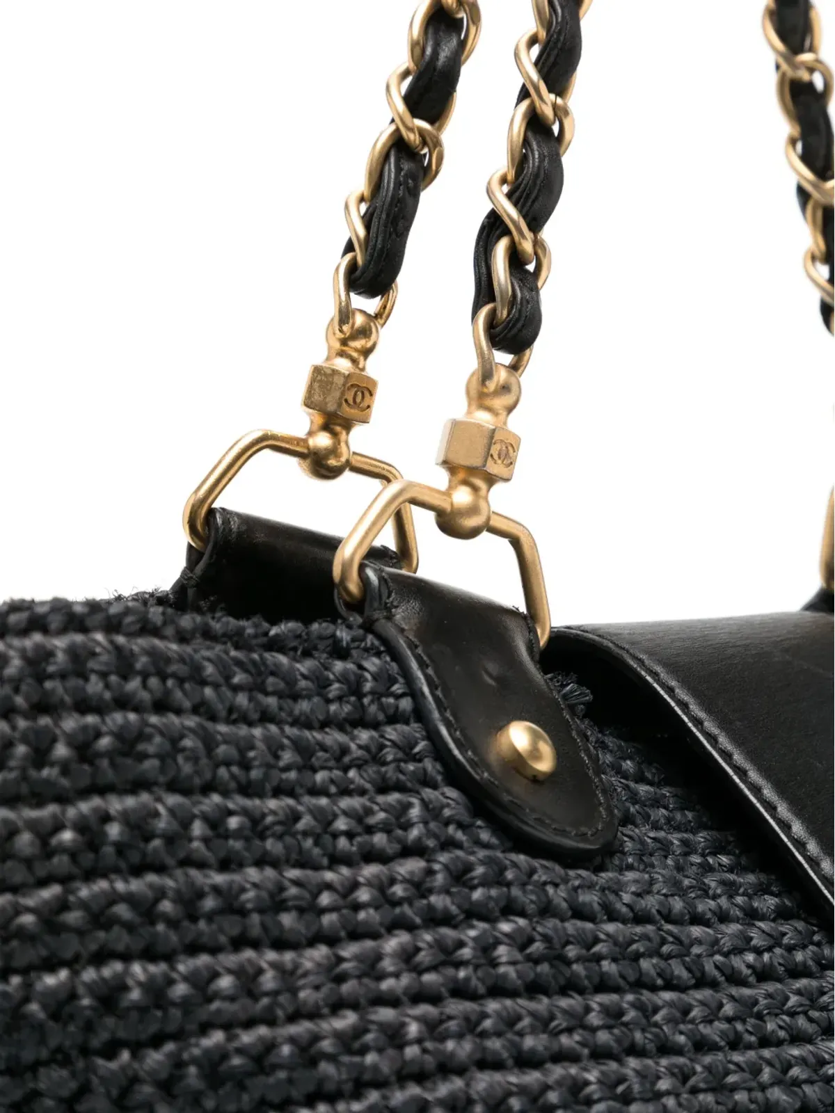 CHANEL ビンテージ チェーンストラップ ラフィア ハンドバッグ ブラック - 画像4
