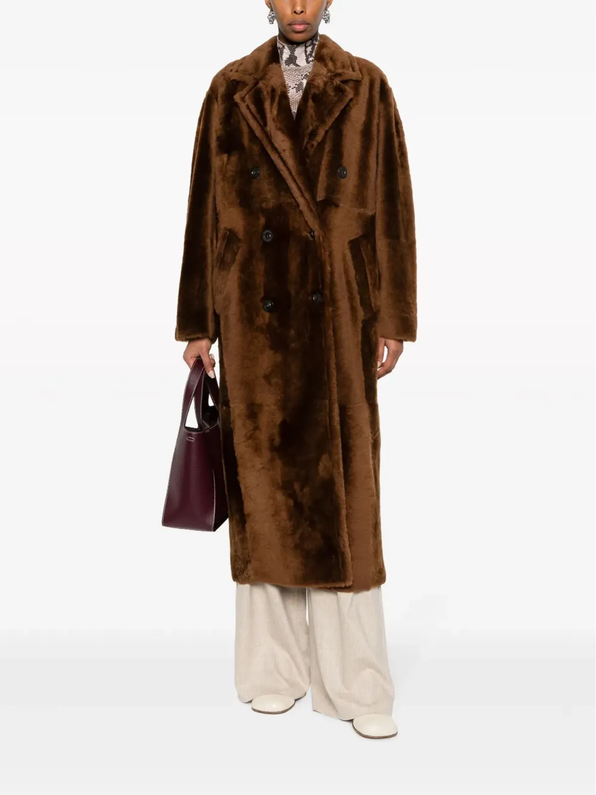 Max Mara ノッチドドラペル ダブルブレスト コート ブラウン - 画像2