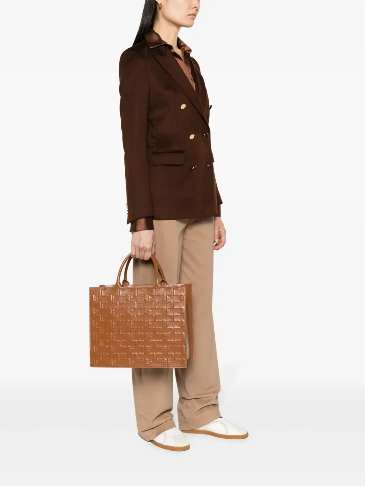 Elisabetta Franchi ラージ ボールド モノグラム トートバッグ - ブラウン - 画像2