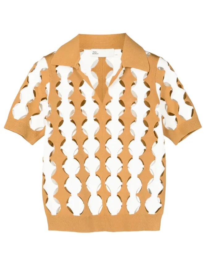 Tory Burch Tory Burch カットアウトポロカラーTシャツ - ブラウンの商品画像