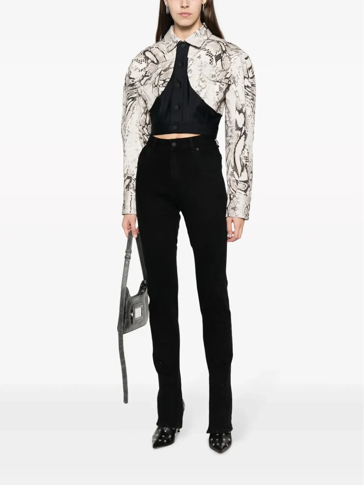 Mugler スネーク柄クロップドパネルデニムジャケット - 画像2