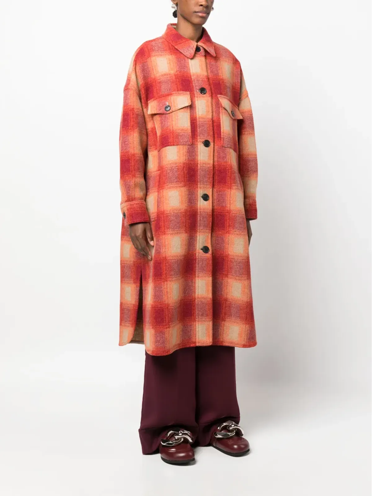 MARANT ÉTOILE チェック柄フランネル ミディコート - オレンジ - 画像3