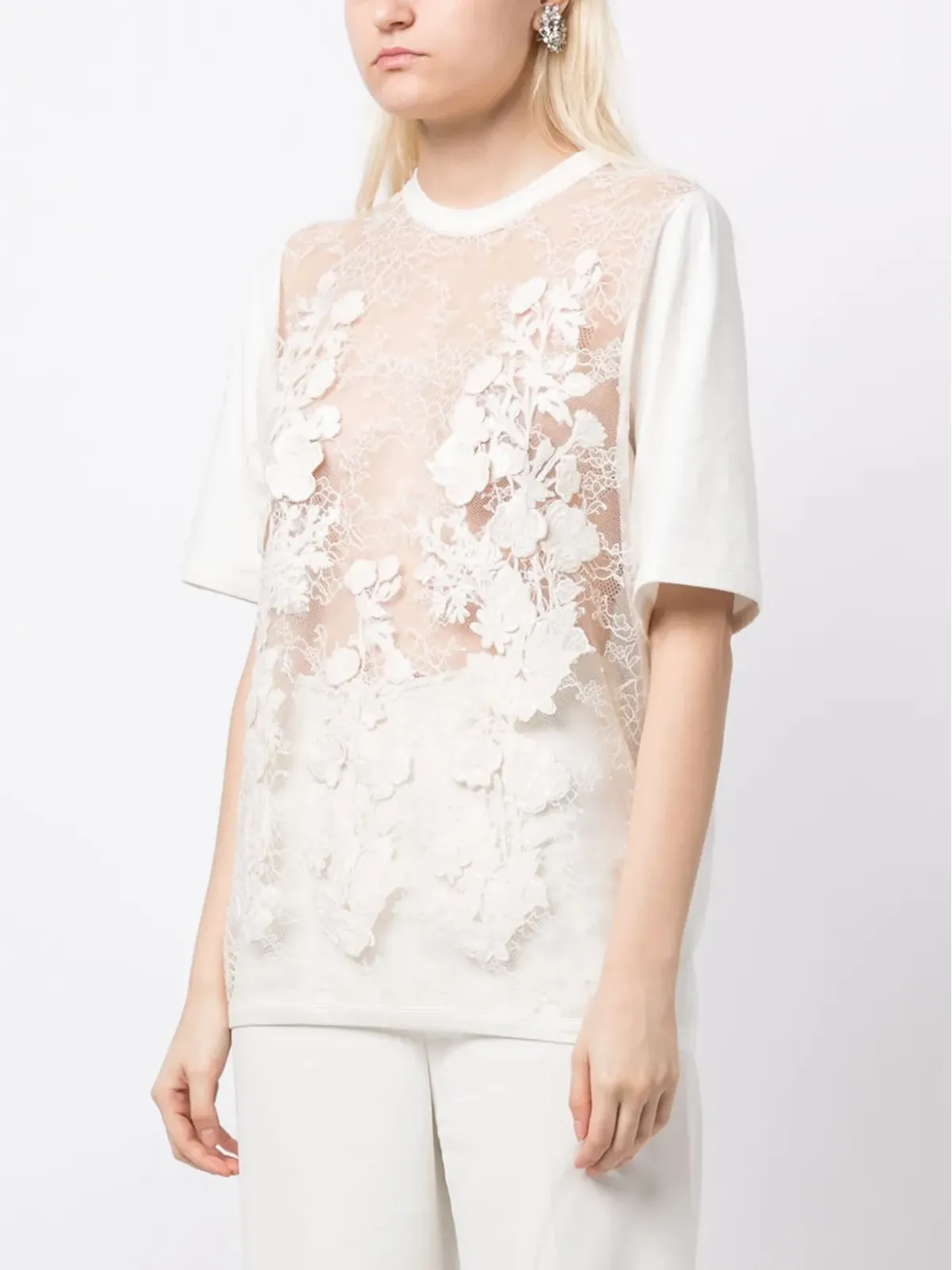 Elie Saab 花柄アップリケ透けTシャツ - 画像3