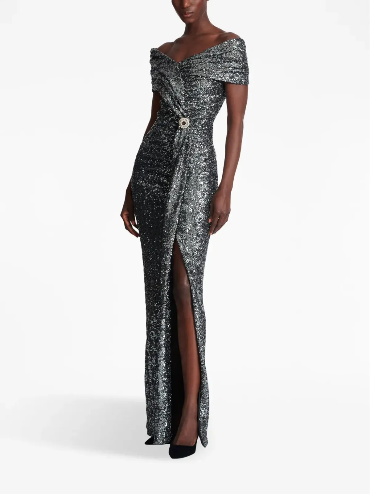 Balmain オフショルダースパンコール装飾ガウン - 画像3