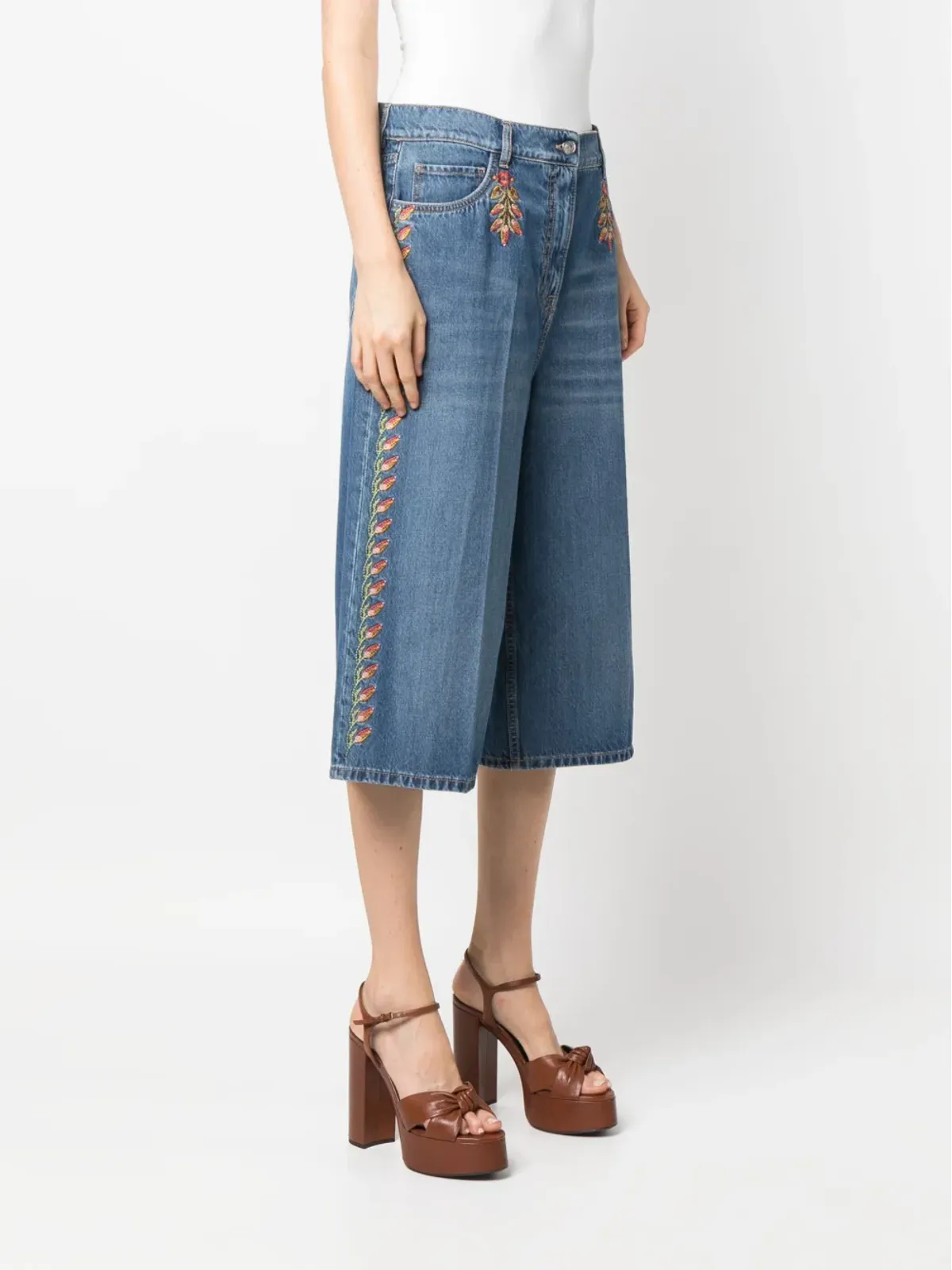 ETRO 花柄刺繍デニムのワイドレッグ キュロット - 画像3