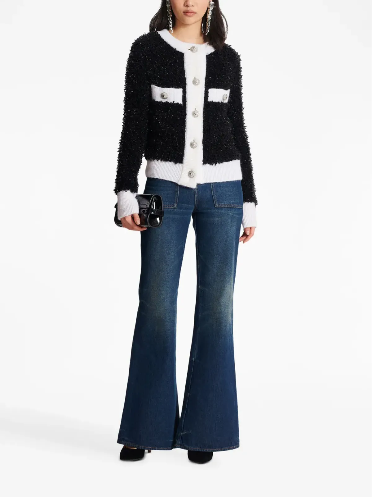 Balmain ブークレ×コントラストトリム ニットカーディガン - 画像2