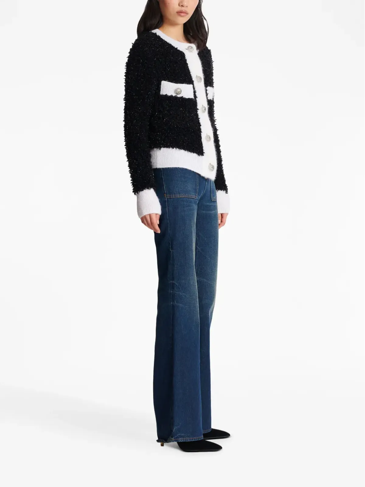 Balmain ブークレ×コントラストトリム ニットカーディガン - 画像3