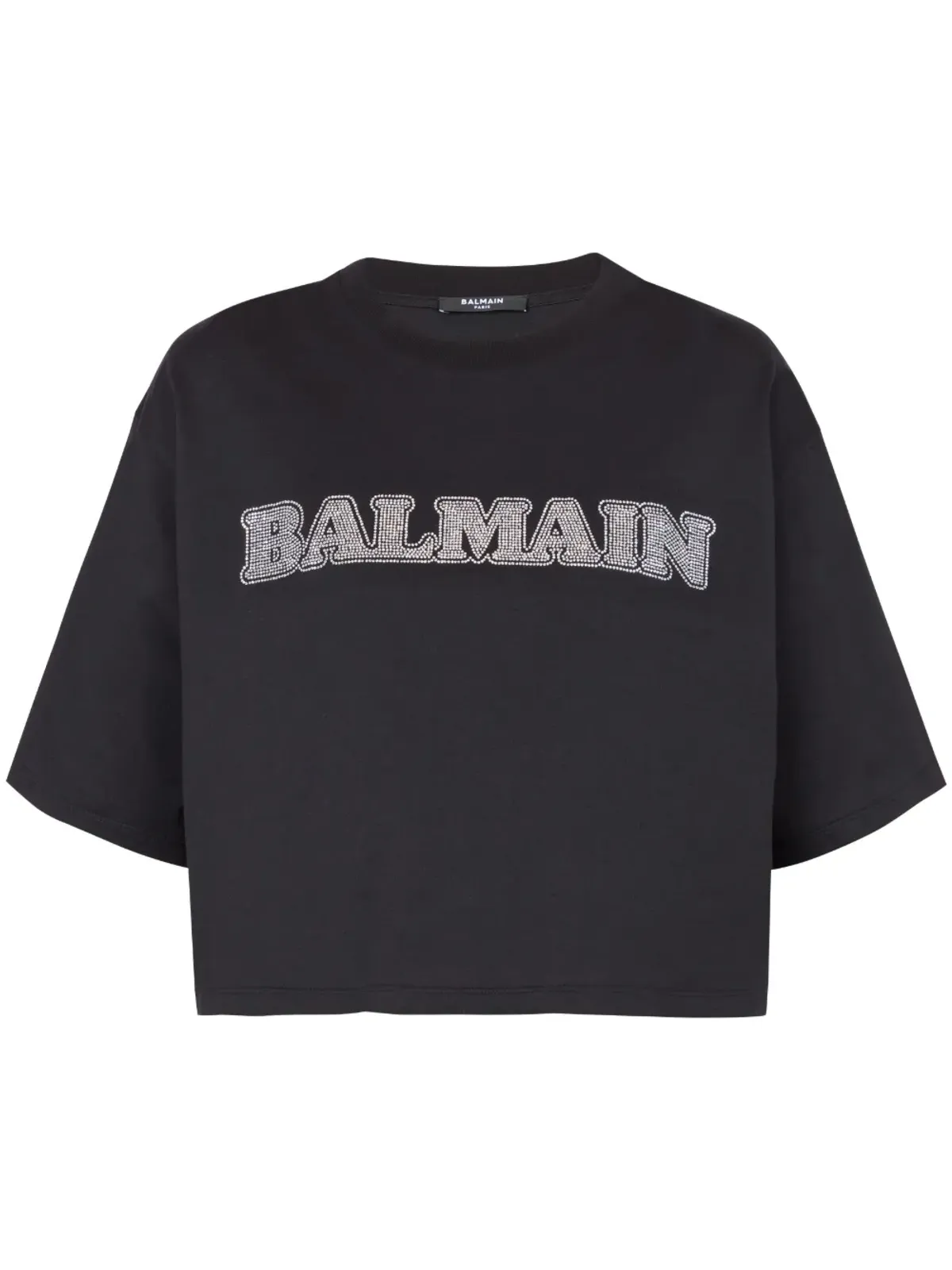 Balmain ラインストーンロゴ入り クロップド コットン Tシャツ ブラック - 画像1