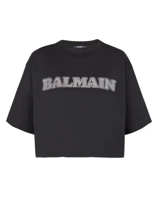 Balmain ラインストーンロゴ入り クロップド コットン Tシャツ ブラック - サムネイル1