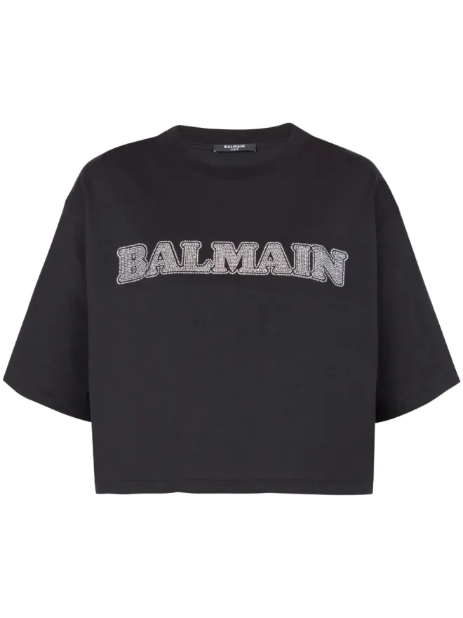 BALMAIN Balmain ラインストーンロゴ入り クロップド コットン Tシャツ ブラックの商品画像