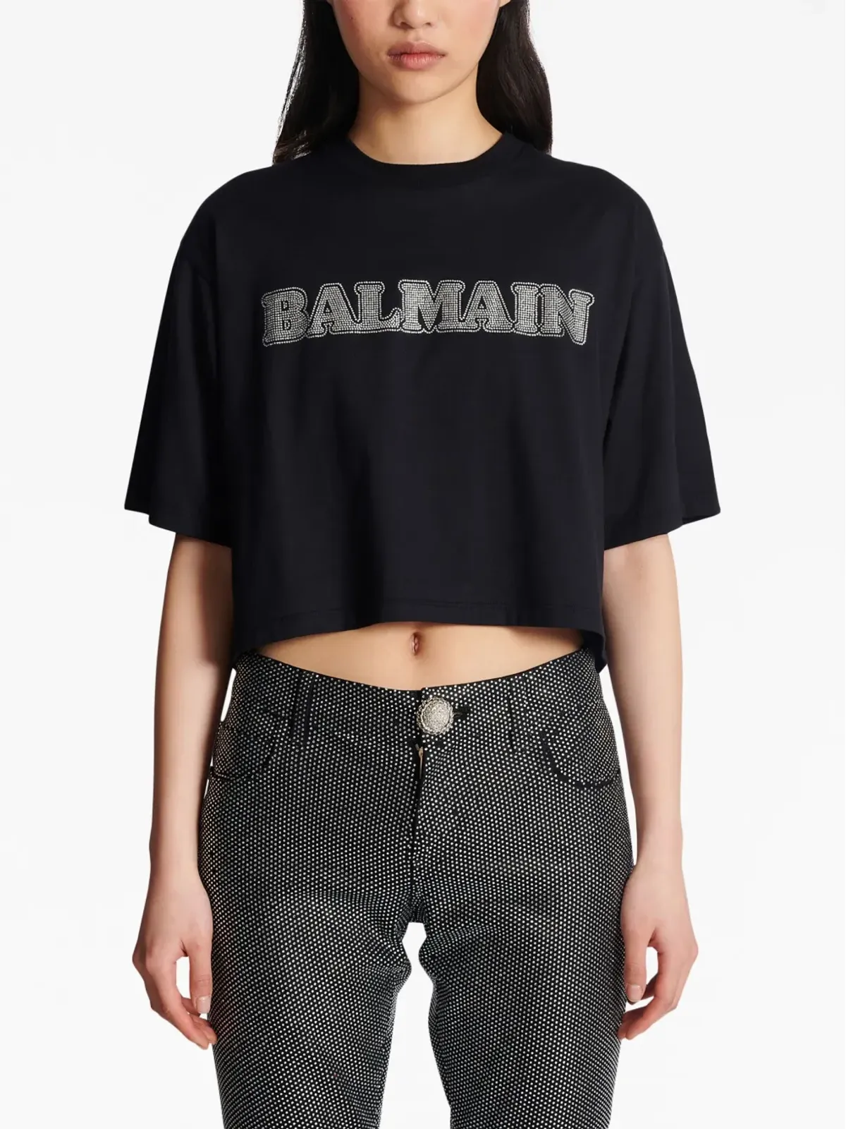 Balmain ラインストーンロゴ入り クロップド コットン Tシャツ ブラック - 画像5