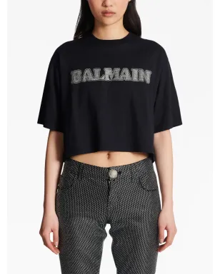 Balmain ラインストーンロゴ入り クロップド コットン Tシャツ ブラック - サムネイル5