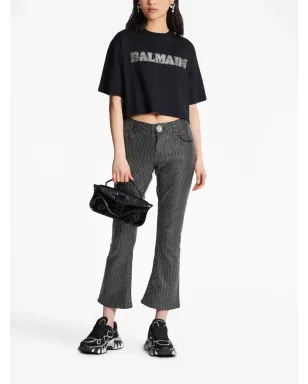 Balmain ラインストーンロゴ入り クロップド コットン Tシャツ ブラック - サムネイル2