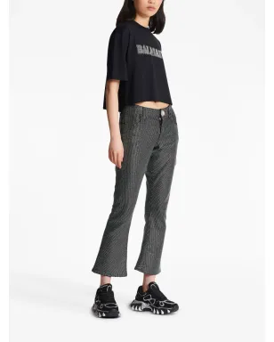 Balmain ラインストーンロゴ入り クロップド コットン Tシャツ ブラック - サムネイル3