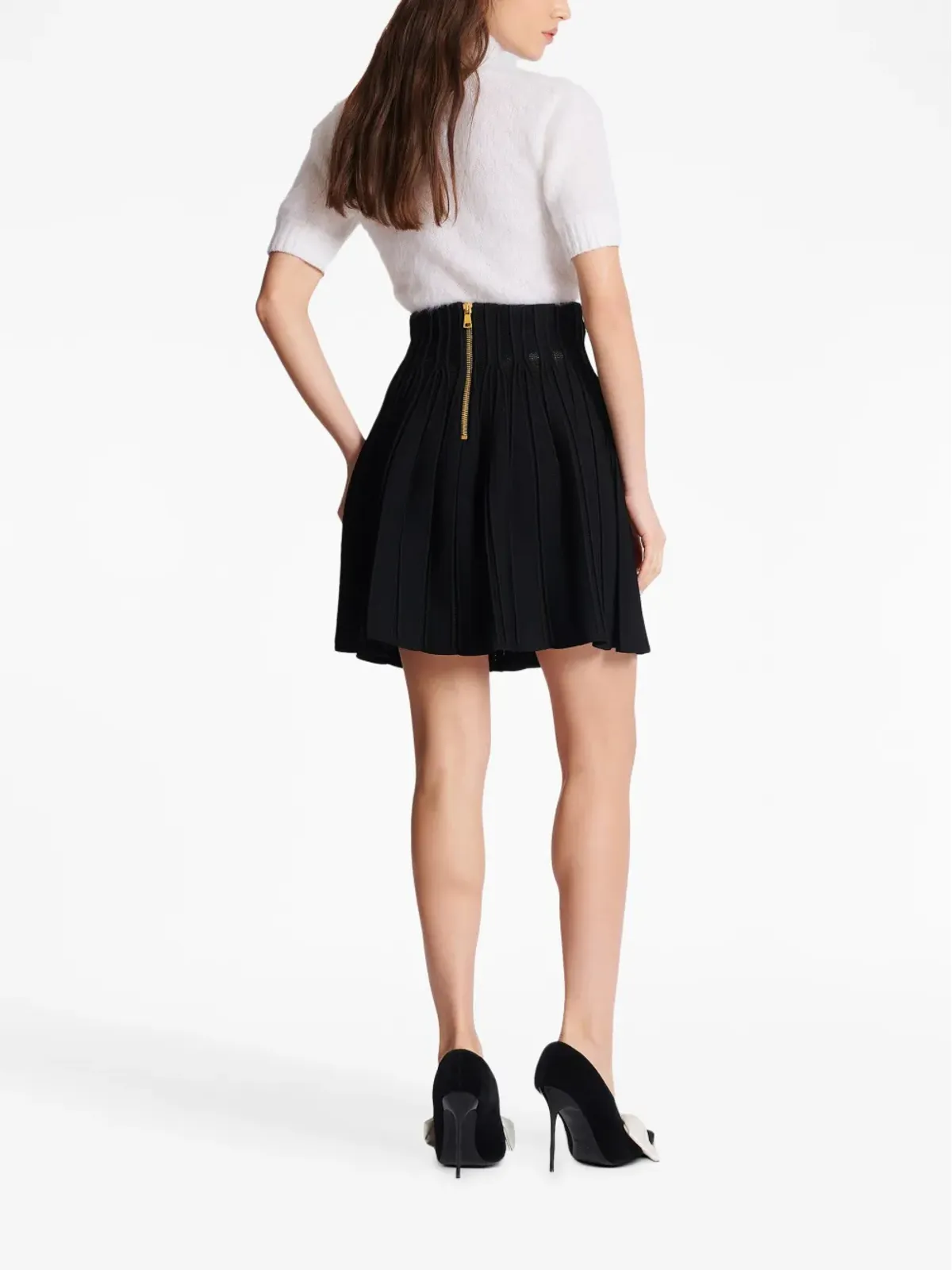 Balmain リブニットプリーツスカート ブラック - 画像4