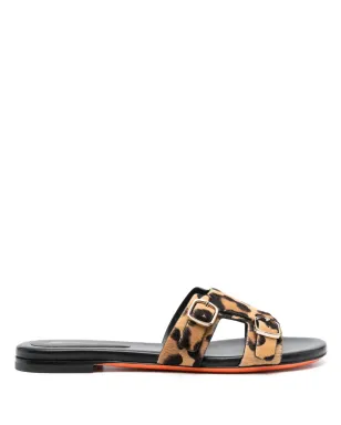 Santoni leopard-print double-buckle slides - Black - サムネイル1