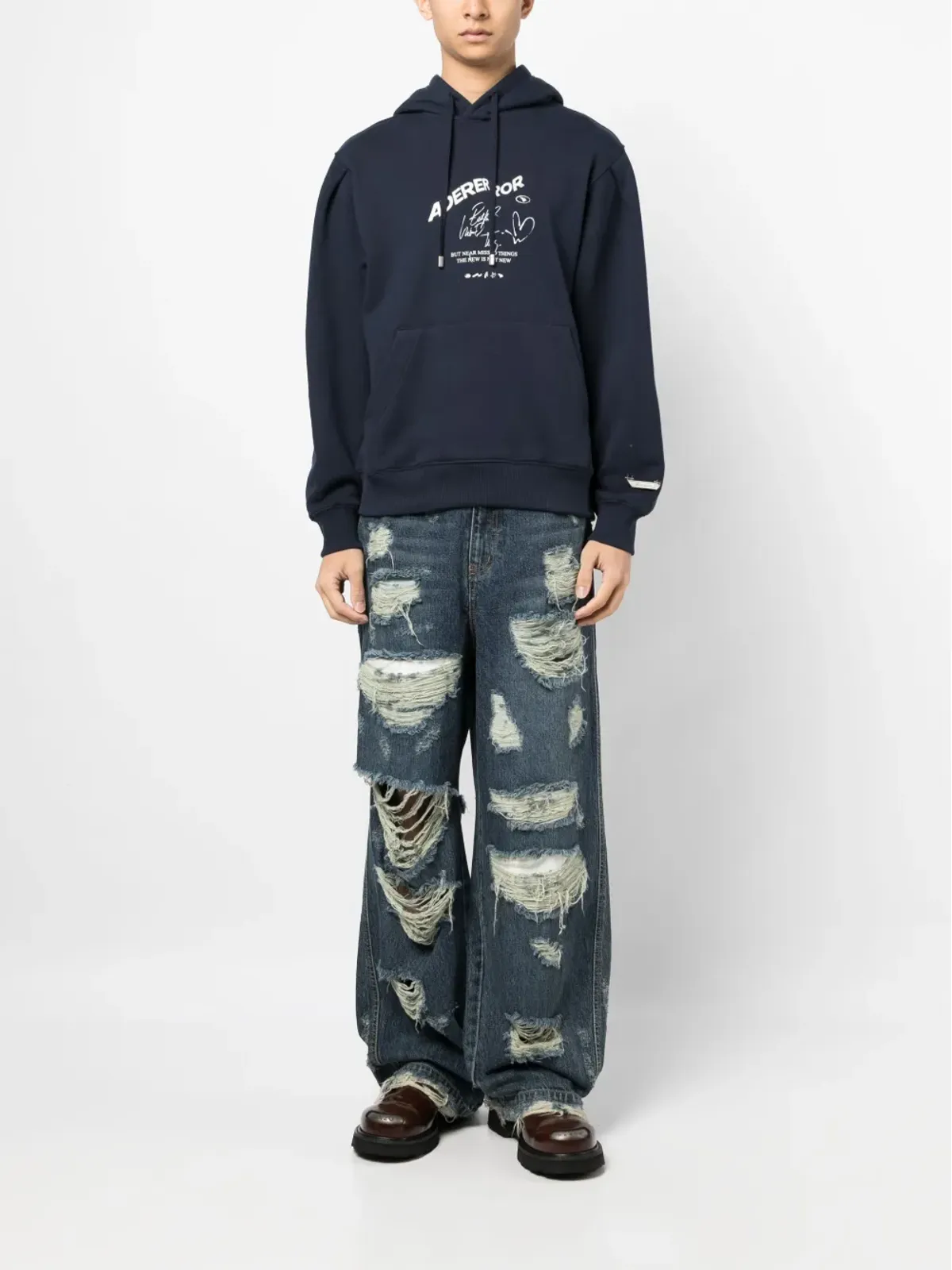 Ader Error ロゴプリント ドローストリング フード付きパーカー ブルー - 画像2