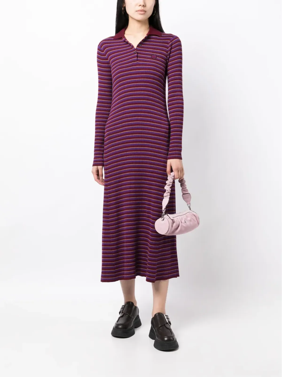 Maison Kitsuné フォックスパッチ柄ストライプ ミディドレス パープル - 画像2