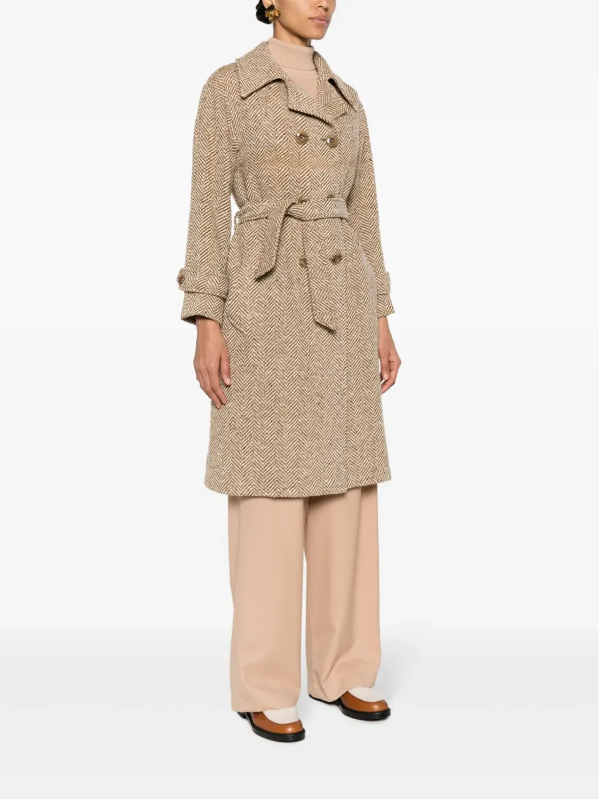 A.N.G.E.L.O. Vintage Cult 1970s herringbone pattern box-pleat detail coat - Neutrals - 画像3