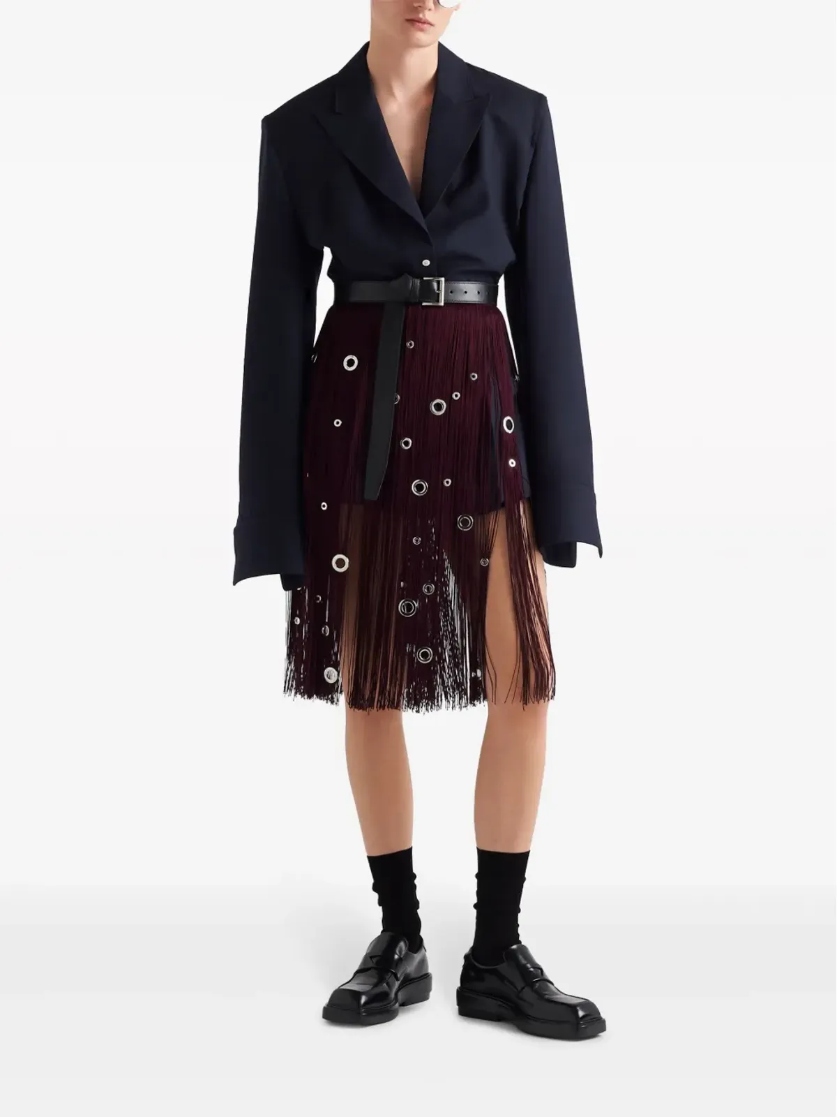 Prada アイレット装飾のフリンジ付きミディスカート - 画像2