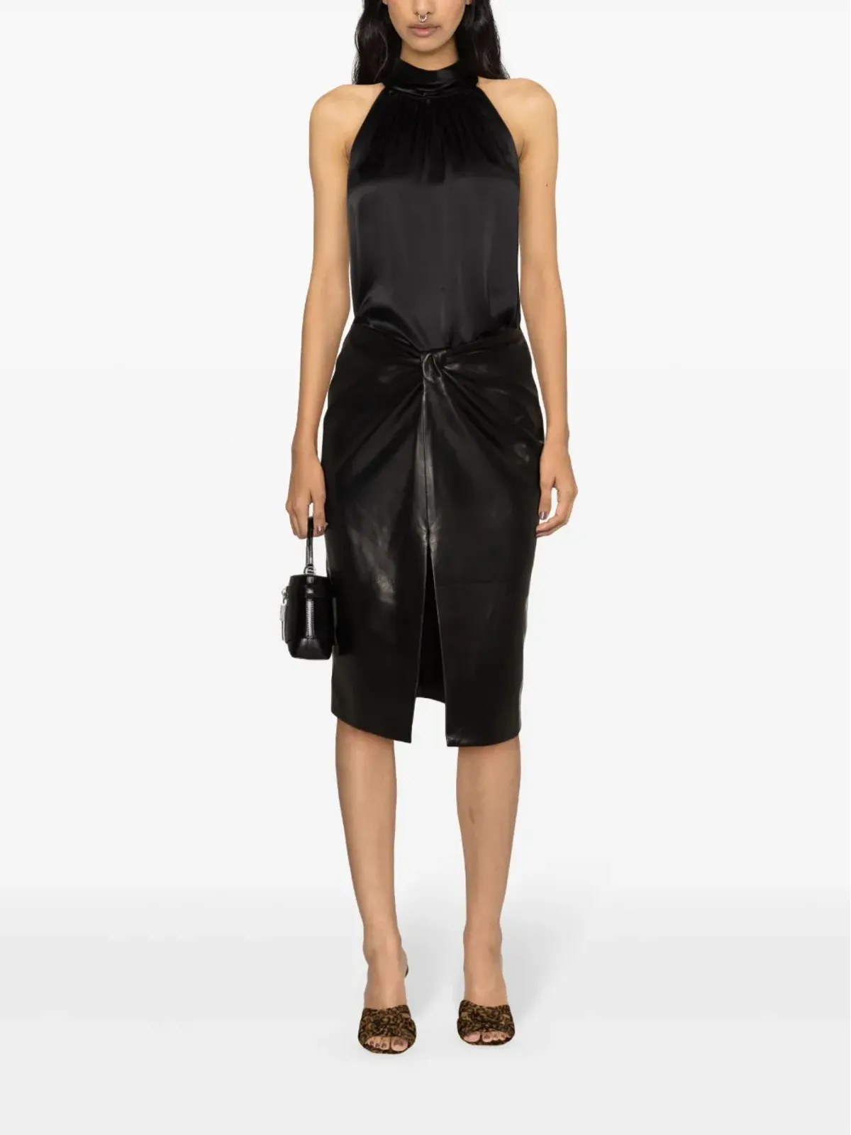 Saint Laurent ギャザー入りレザー ミディスカート - 画像2