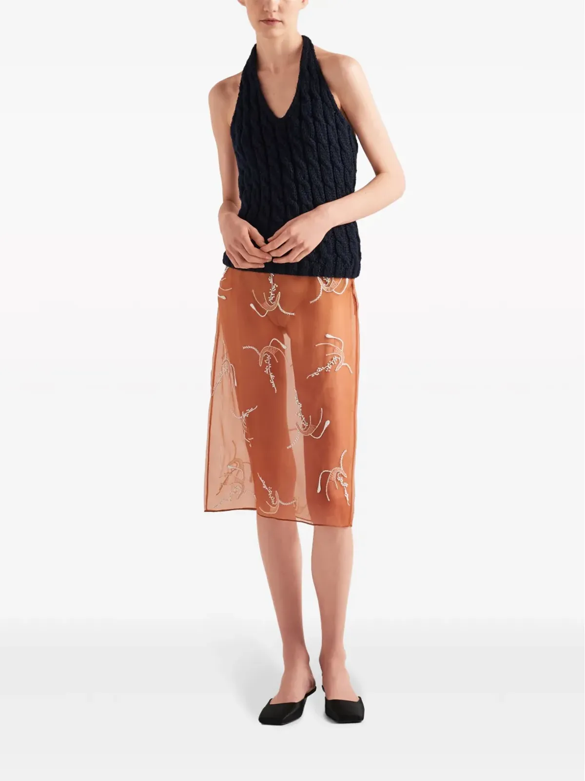 Prada 刺繍入りオーガンザ ミディスカート オレンジ - 画像2