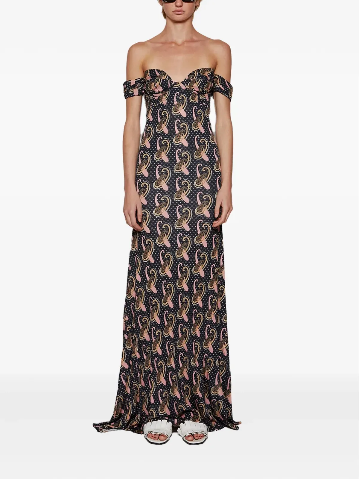 ETRO オフショルダーペイズリープリント マキシドレス ブラック - 画像5