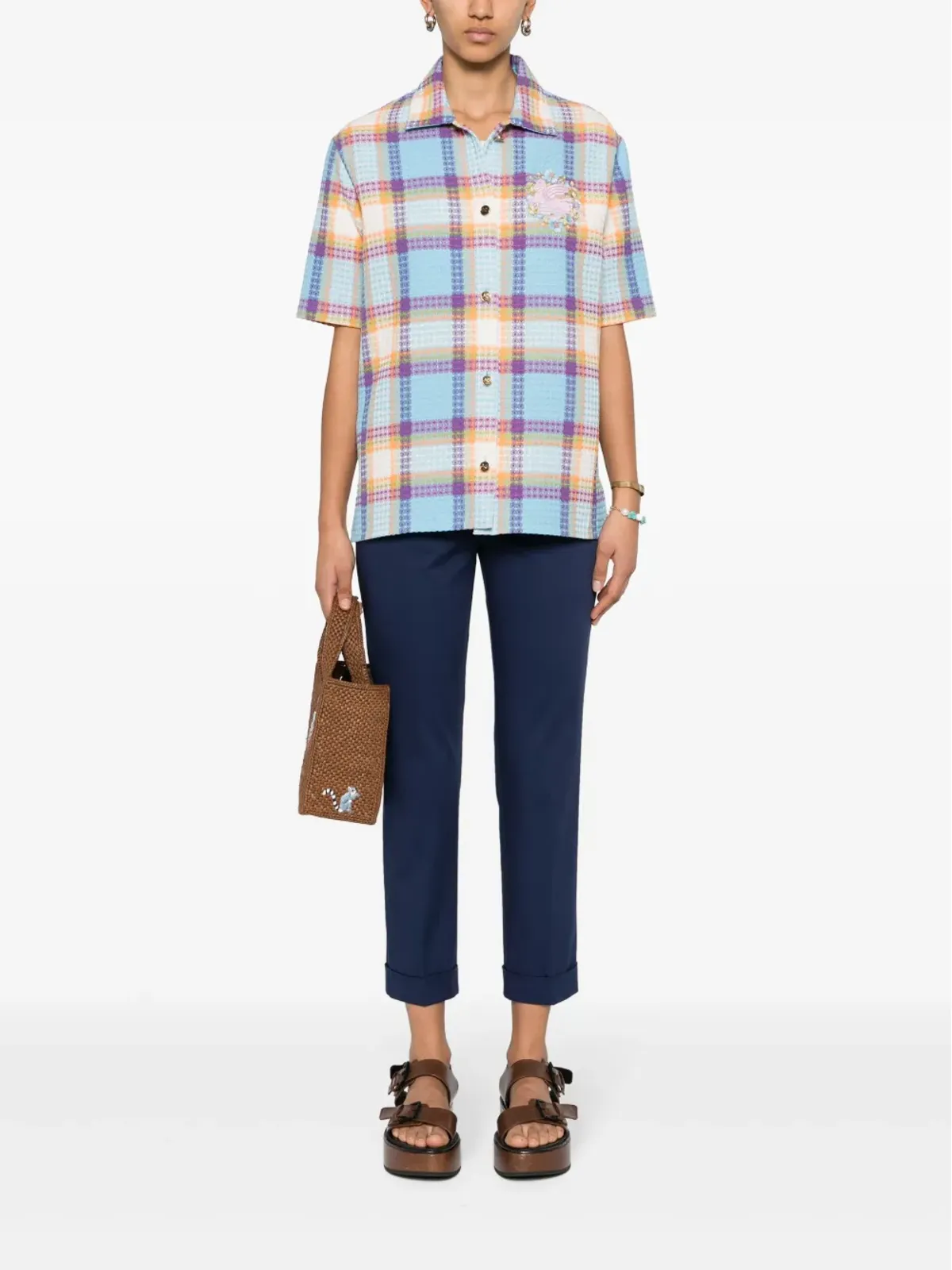ETRO ストレッチコットン クロップドパンツ ブルー - 画像2
