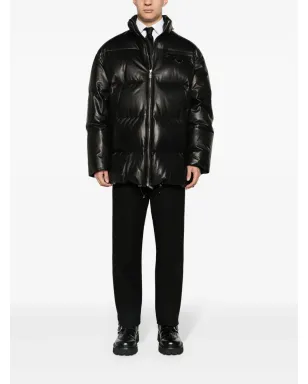 Prada ロゴプレート レザー ダウンコート - ブラック - サムネイル2