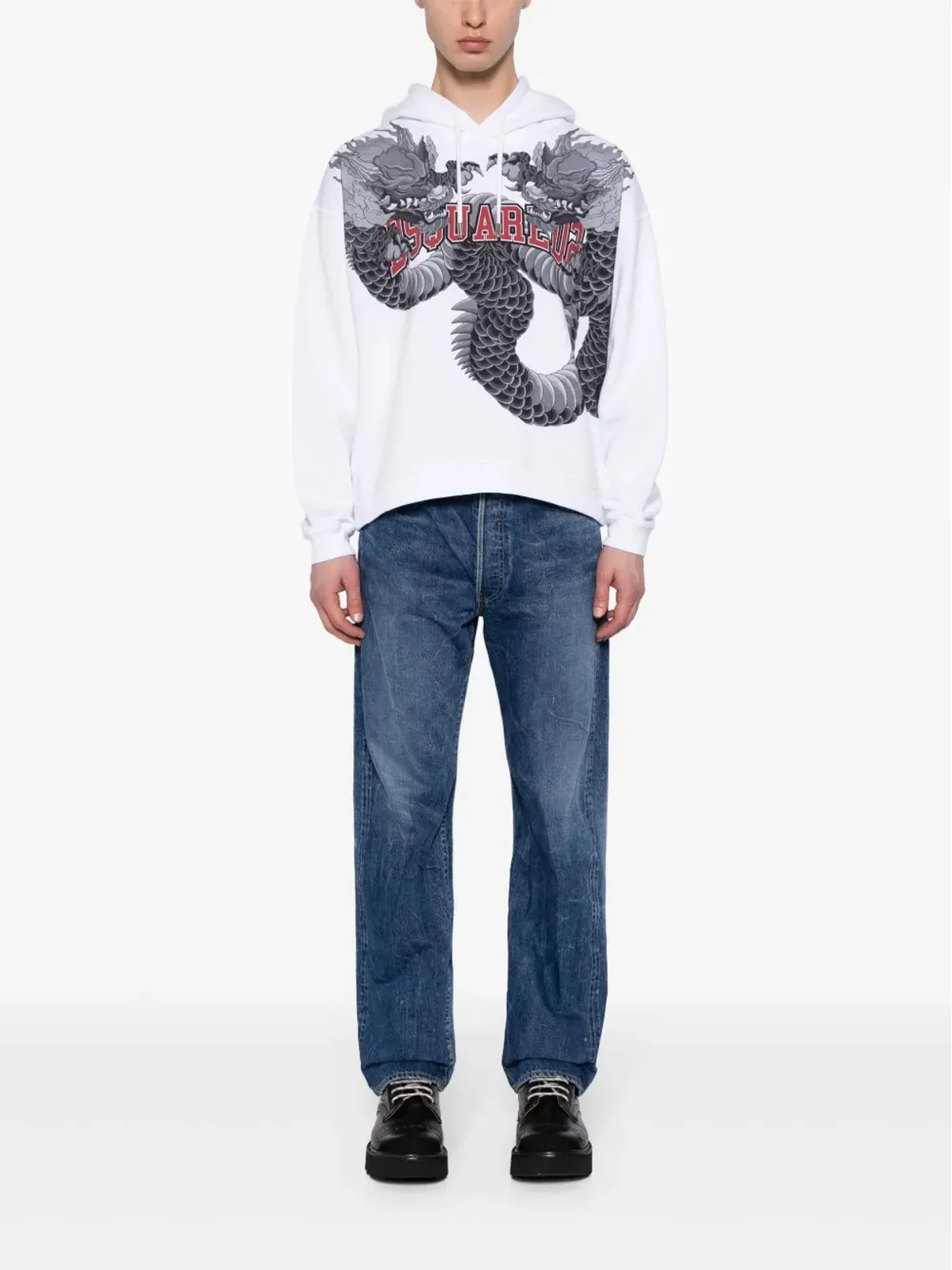DSQUARED2 ドラゴンプリント コットン フード付きパーカー ホワイト - 画像2