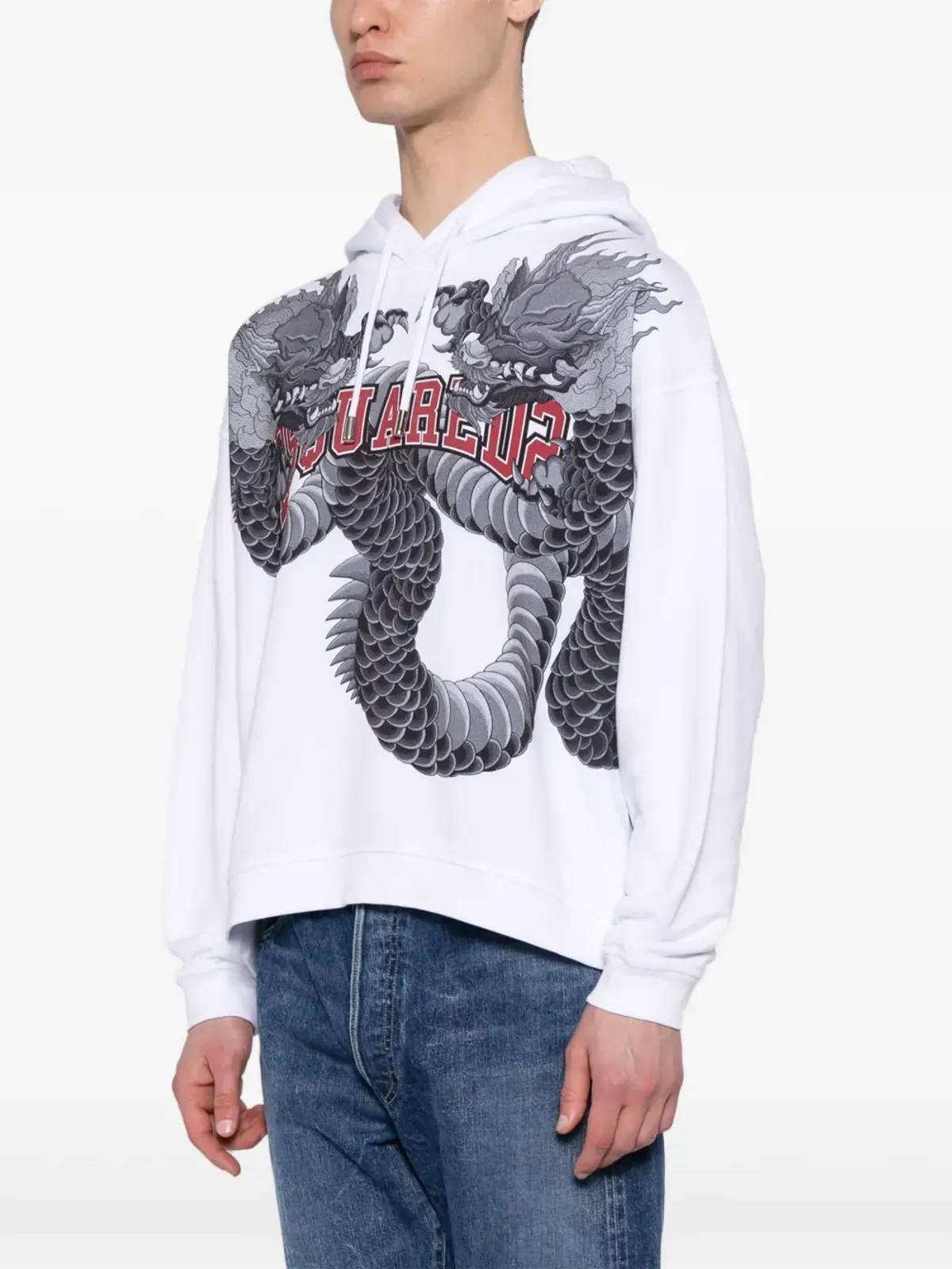DSQUARED2 ドラゴンプリント コットン フード付きパーカー ホワイト - 画像3