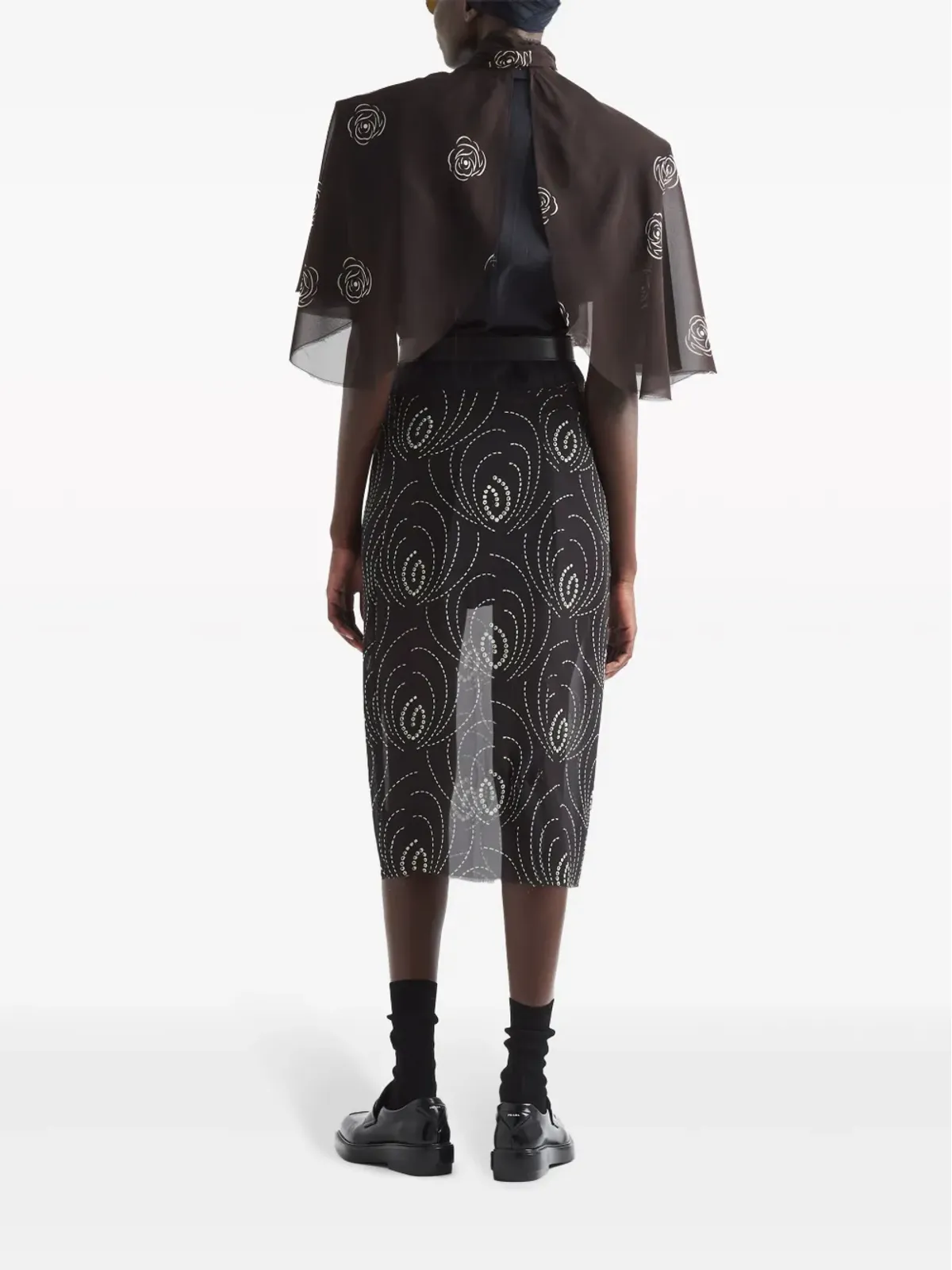 Prada アブストラクトプリント ミディ丈ペンシルスカート ブラック - 画像3