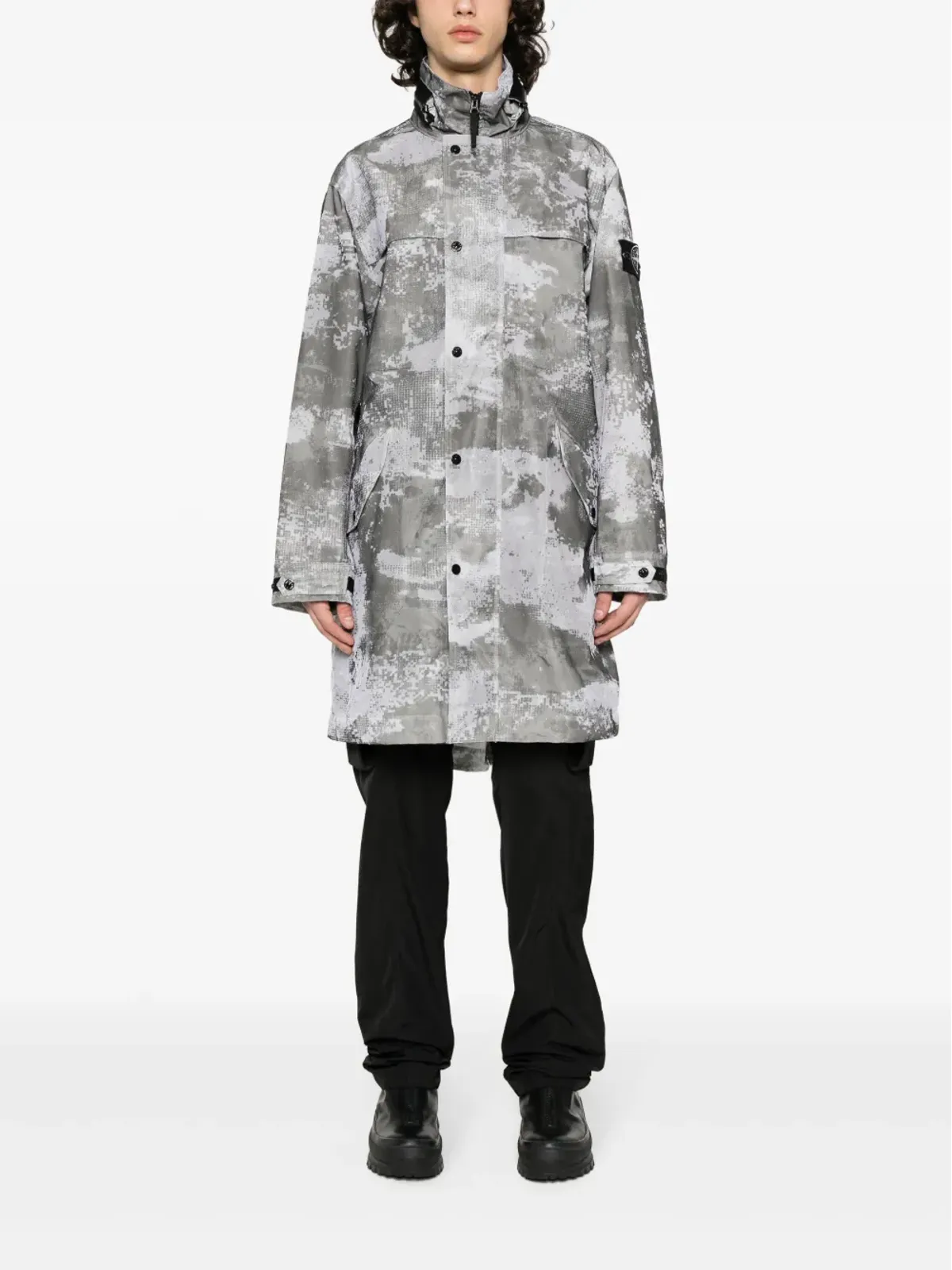 Stone Island コンパスバッジ メッシュオーバーレイ パーカ グレー - 画像2