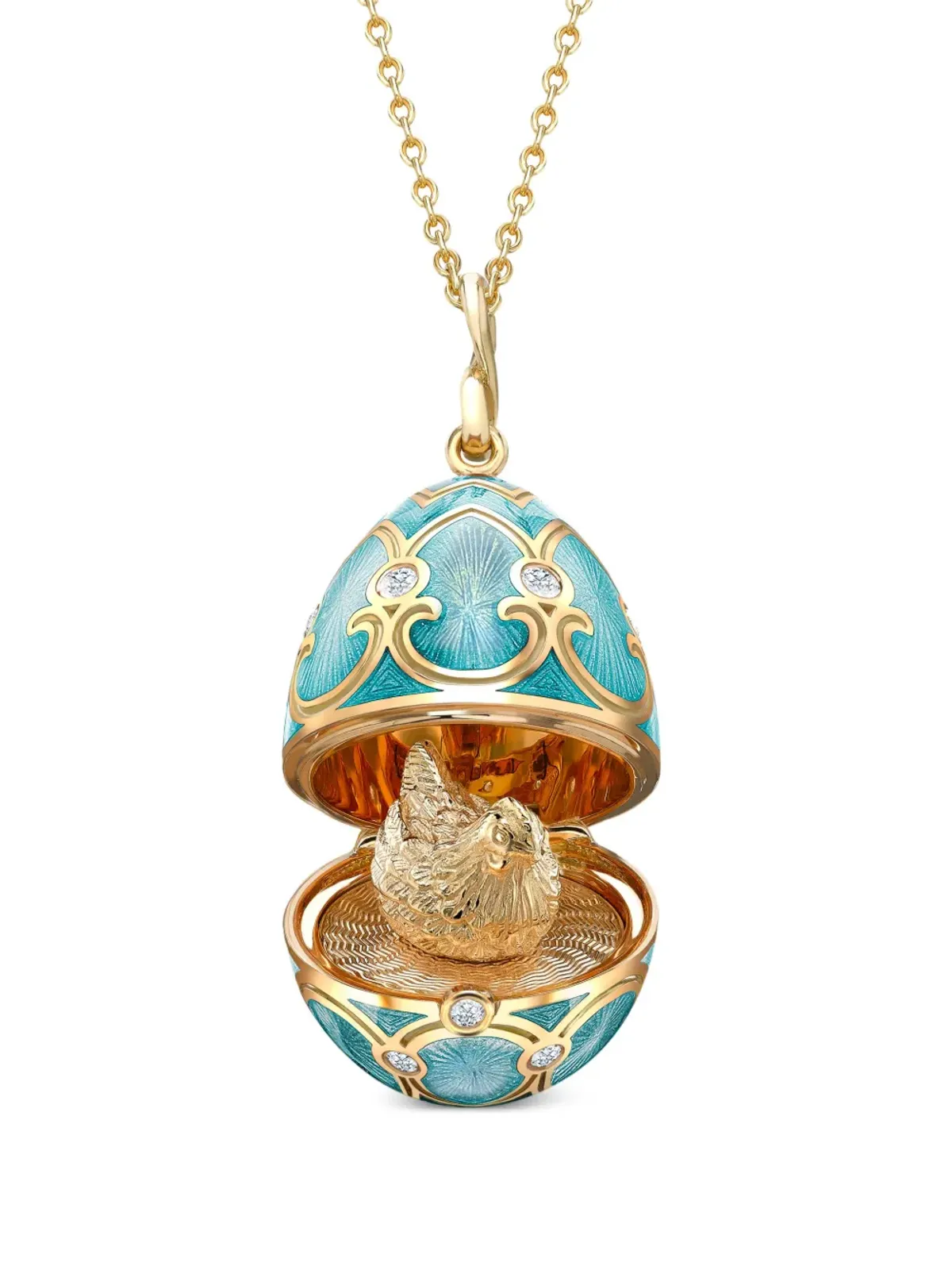 Fabergé 18K イエローゴールド ヘリテージ ヘン・サプライズ ダイヤモンド ロケットネックレス ブルー - 画像2