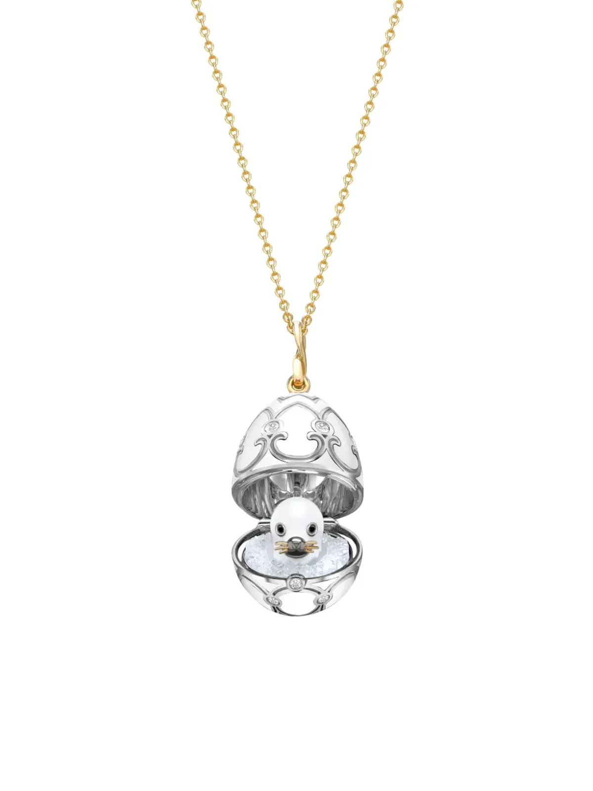 Fabergé 18ktイエローゴールドとホワイトゴールド Heritage Seal Pup Surprise ダイヤモンド ロケットネックレス - 画像2