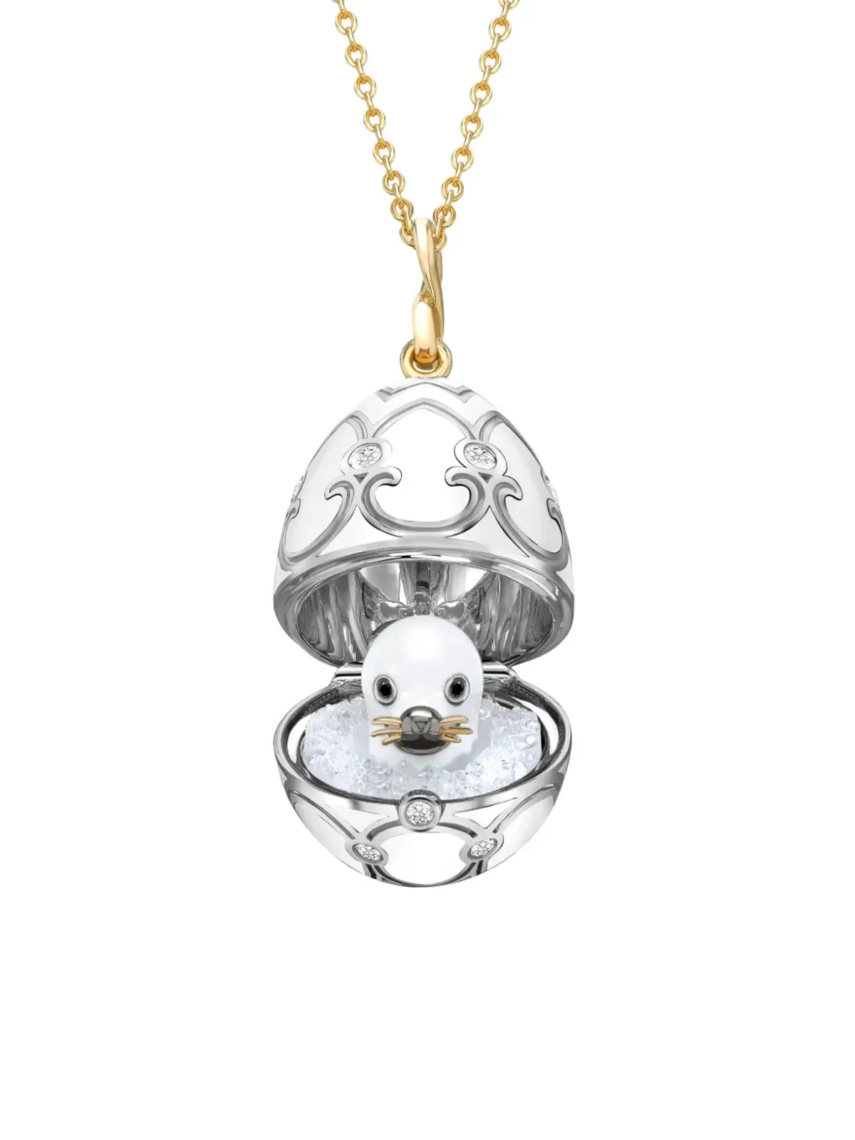 Fabergé 18ktイエローゴールドとホワイトゴールド Heritage Seal Pup Surprise ダイヤモンド ロケットネックレス - 画像4