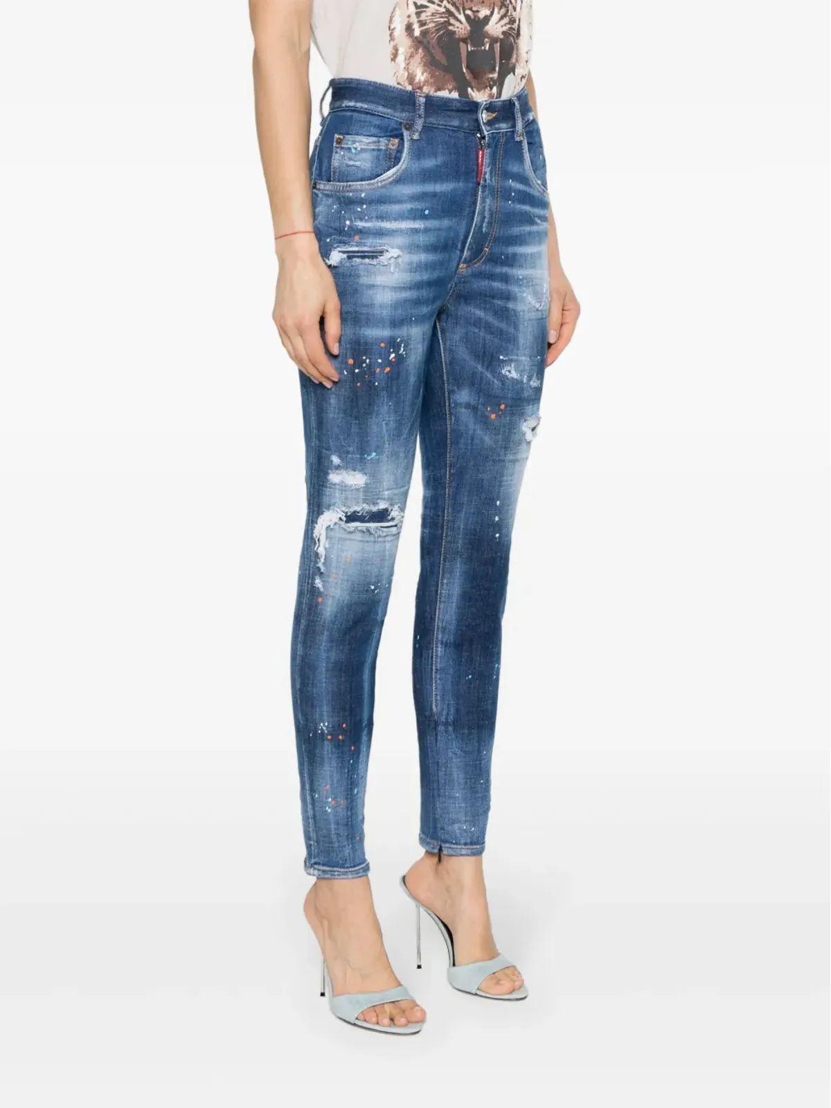 DSQUARED2 ペイント・スプラッター加工 ダメージデニム テーパードジーンズ - ブルー - 画像3