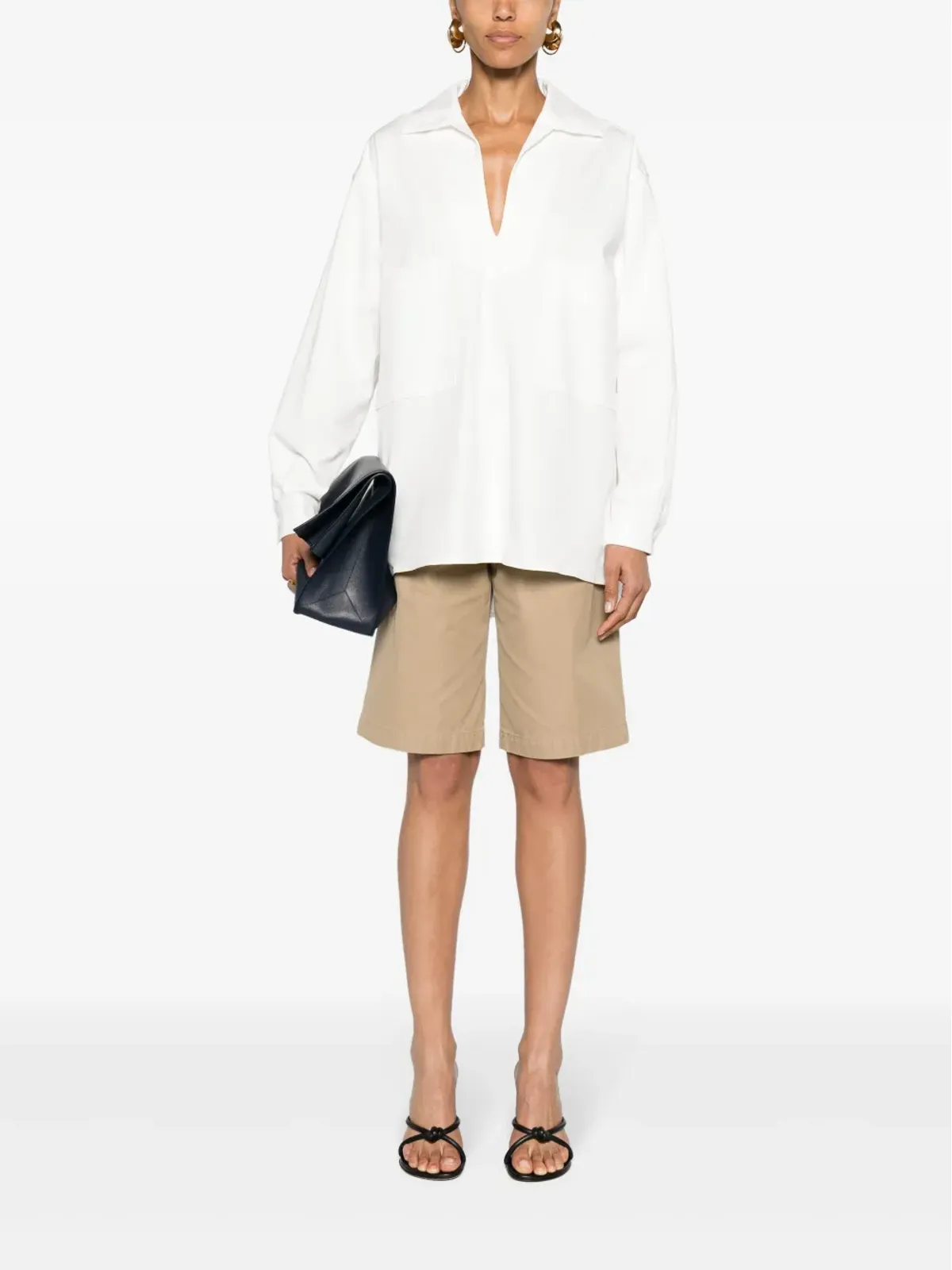 Max Mara ギャバジン織りVネック シャツ ホワイト - 画像2