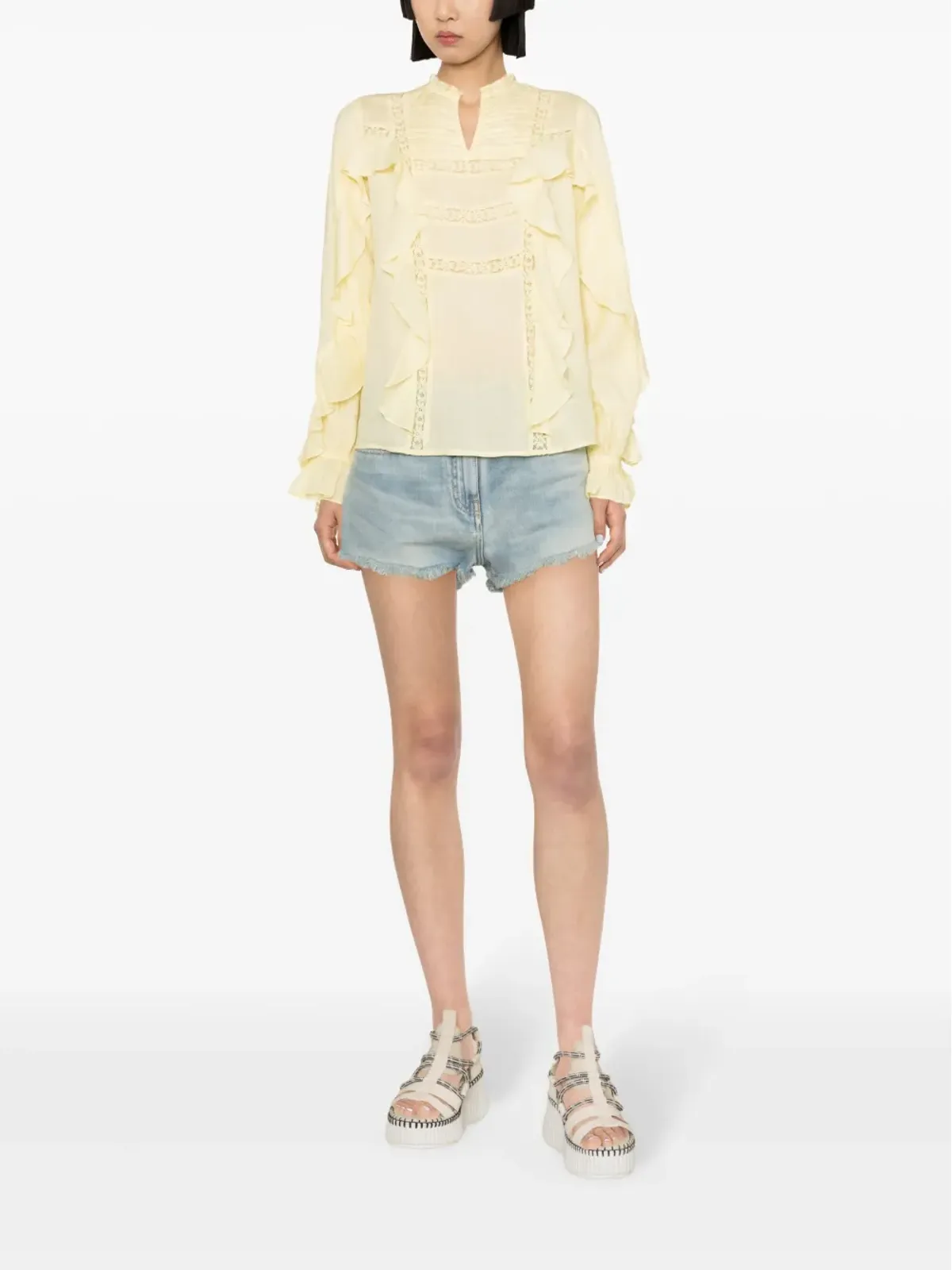 TWINSET レースディテールのフリルブラウス イエロー - 画像2