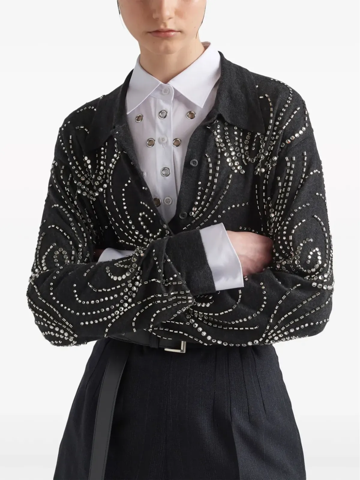Prada クリスタル装飾カシミヤポロシャツ - グレー - 画像4