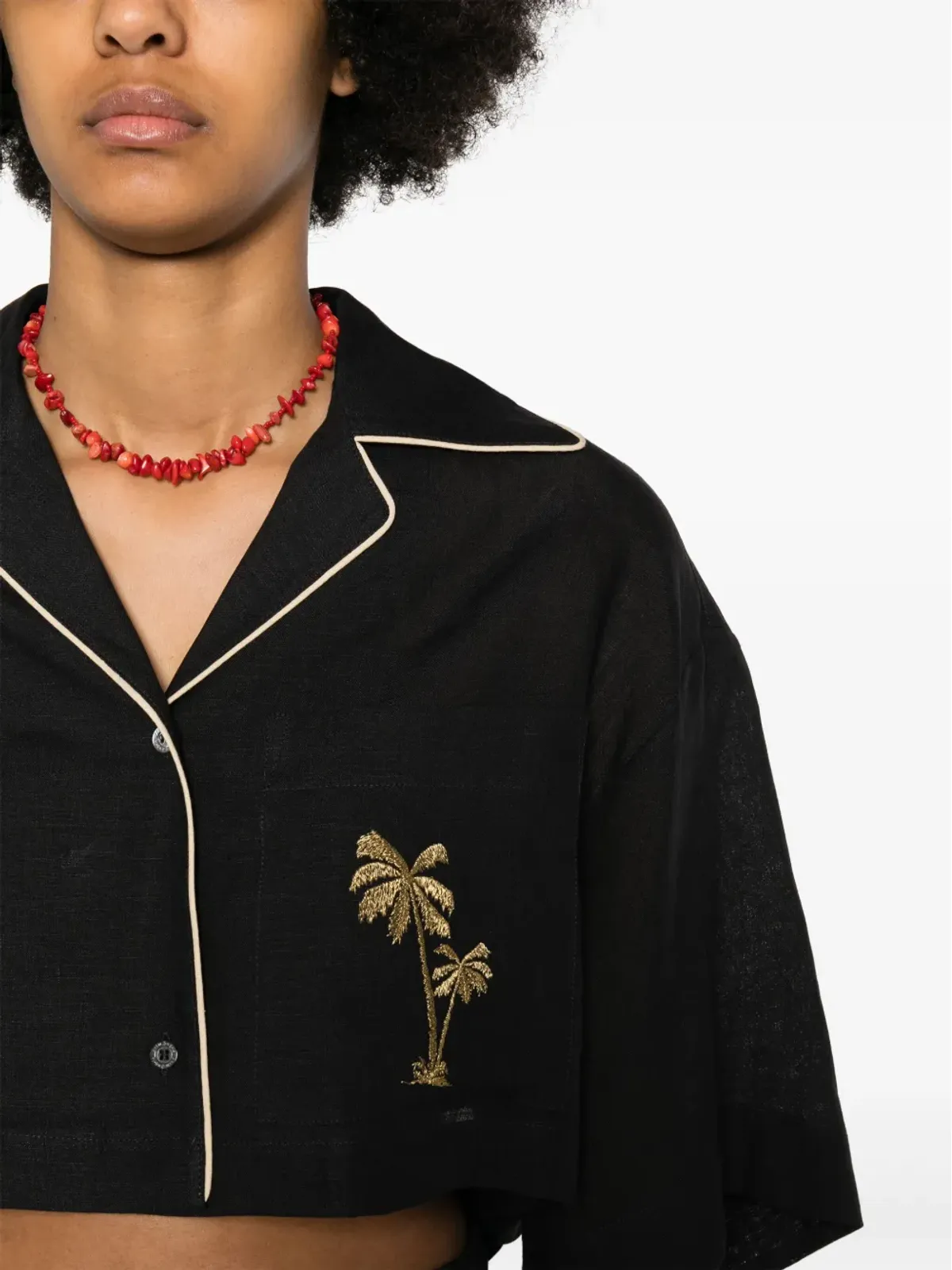 Palm Angels クロップドリネンボウリングシャツ ブラック - 画像5