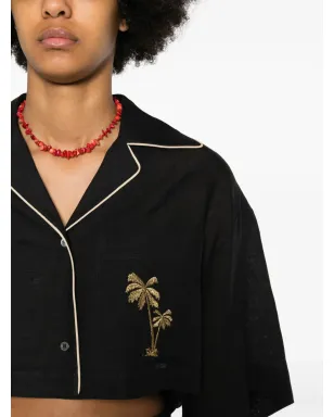 Palm Angels クロップドリネンボウリングシャツ ブラック - サムネイル5