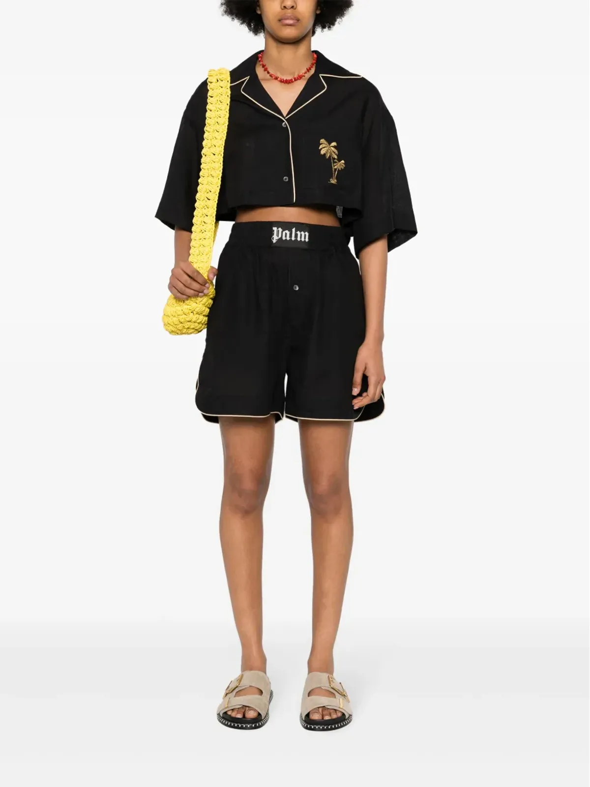 Palm Angels クロップドリネンボウリングシャツ ブラック - 画像2
